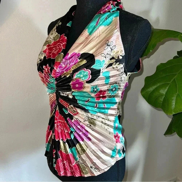 Joseph Ribkoff Trends Women’s Oriental Print Pleated Lined Halter V-Neck Top 8 - Picture 14 of 16